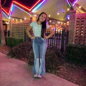 high waist bell bottom patch jeans